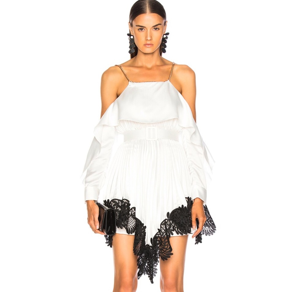 Self-Portrait White Pleated Satin Mini Dress